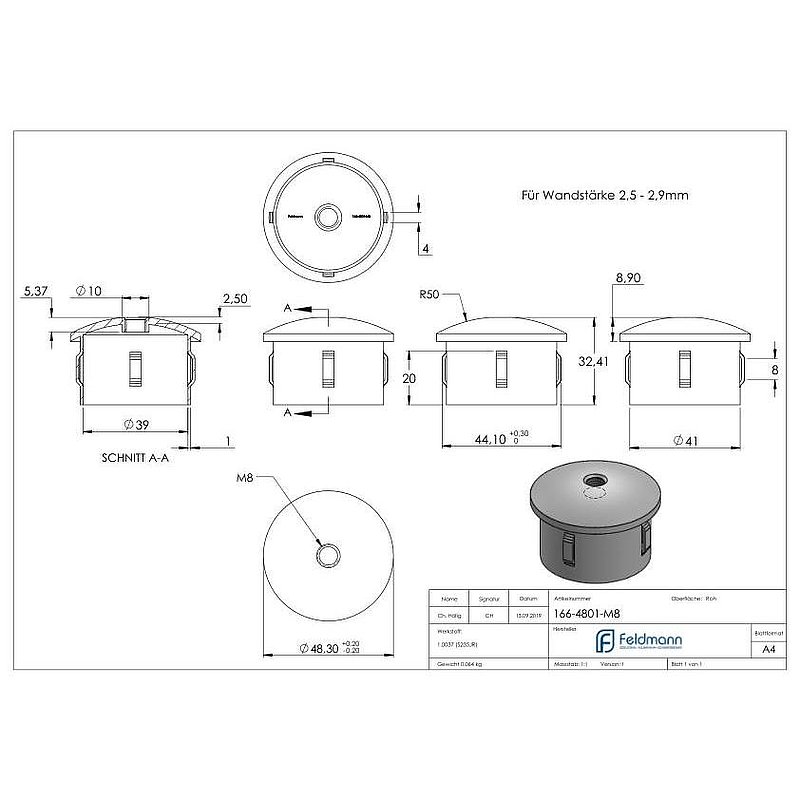Steel end cap, for 48.3mm tube