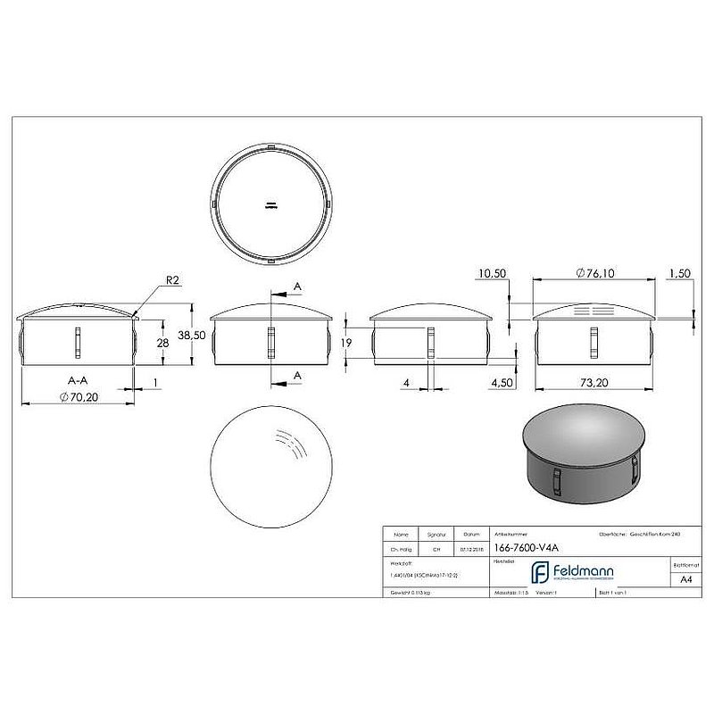 Rohrabschlussstopfen, für Rohr 76,1x2,0 - 2,5mm, V4A