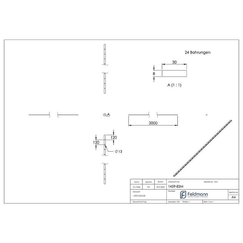 Lochleiste 30x8mm, Lochabstand 120mm, 3000mm