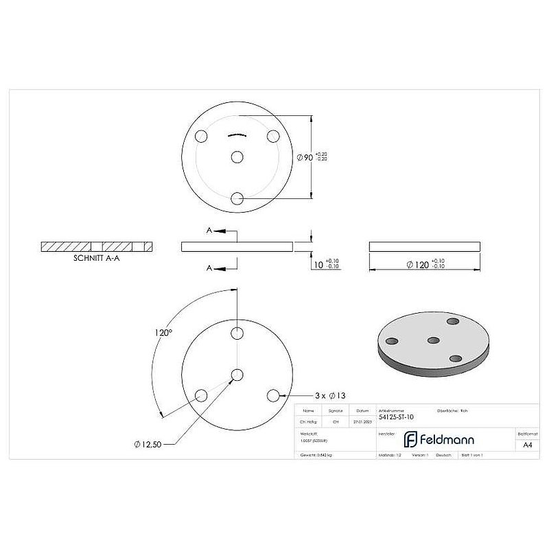 Ankerplatte Ø 120 x 10mm, mit 3 Bohrungen Ø 13mm und Mittelbohrung Ø 12,5mm, Stahl roh