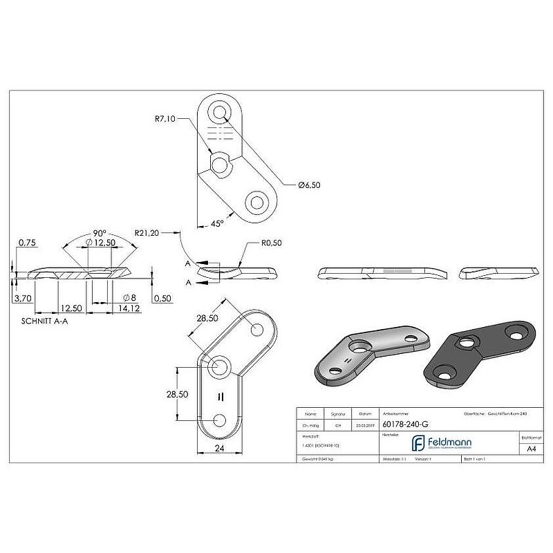 Handlaufanschlussplatte 135°, 42,4mm, Bohrungen gesenkt, V2A