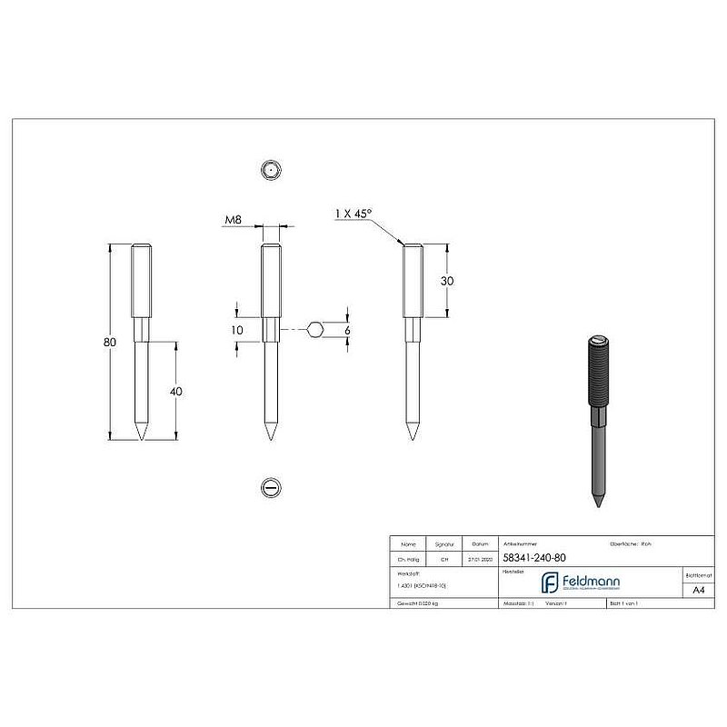 Stockschraube M8x80mm, V2A
