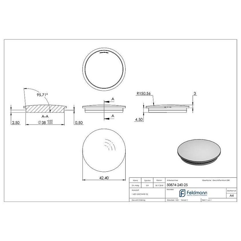 Tube end plug, for tube 42.4x2.5mm, AISI304