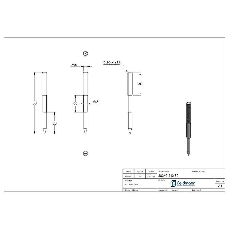 Stockschraube M6x80mm, V2A
