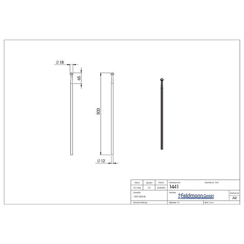 Zaunstab Ø 12mm, H: 500mm, konisch, Knopf eckig