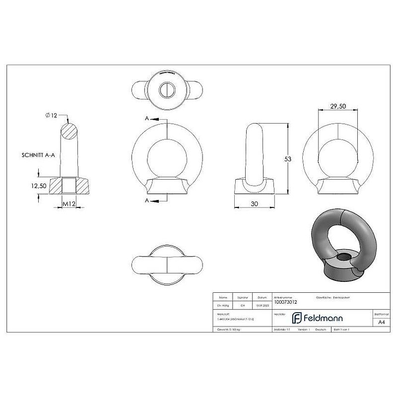 Ringmutter mit Innengewinde 12mm, V4A