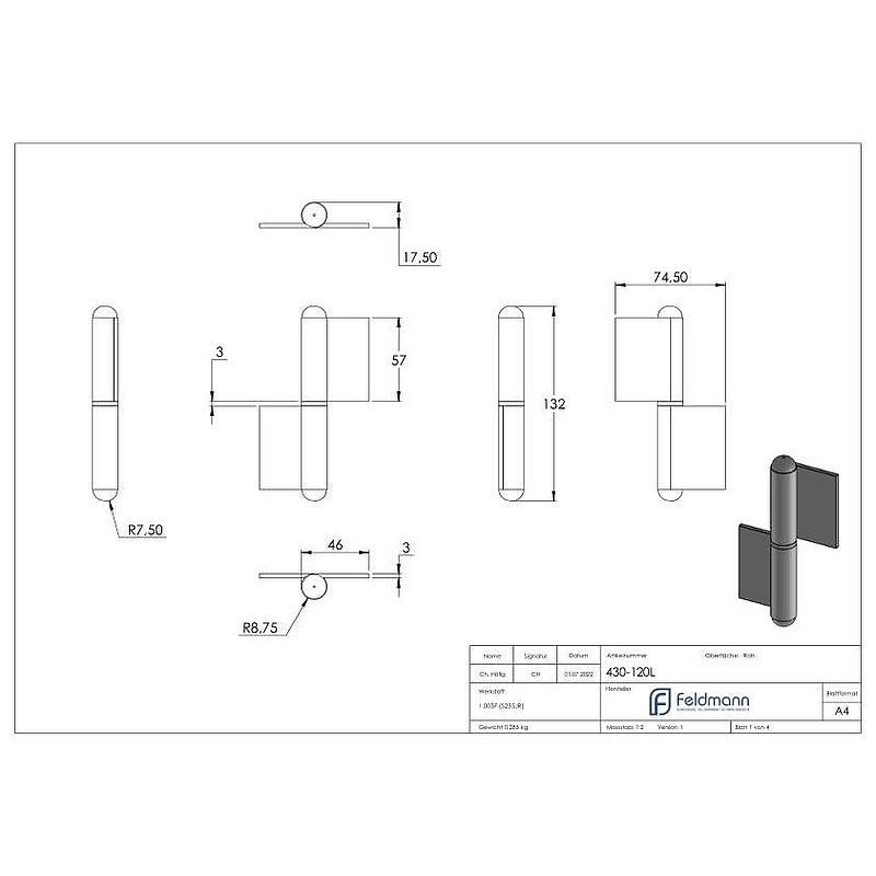 Weld-on hinge with fixed spigot, left-hand version