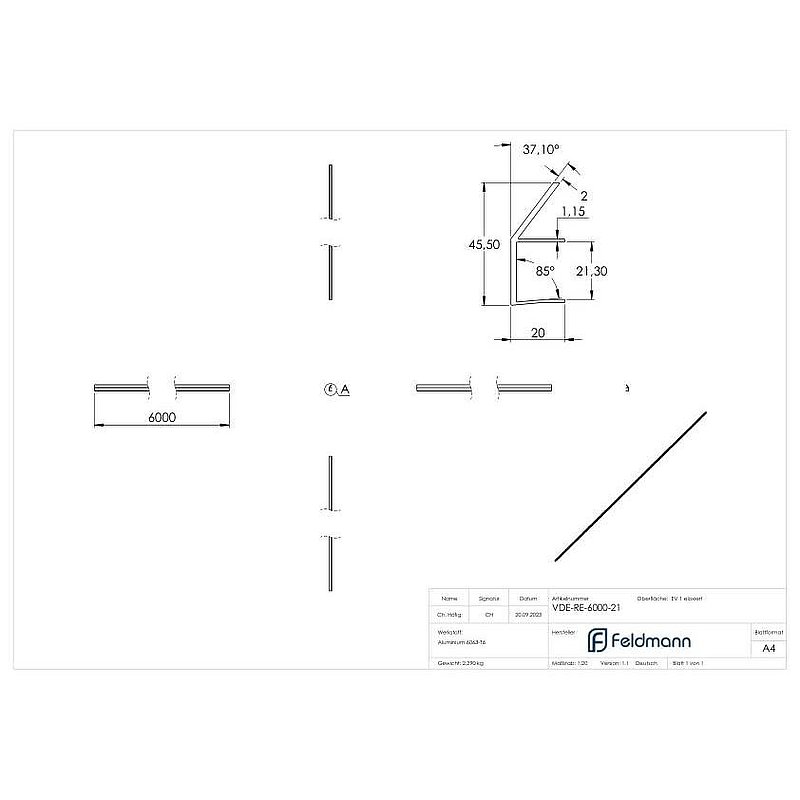 Rain gutter for canopies, glass 21.52mm, L: 6000mm, E4/EV1