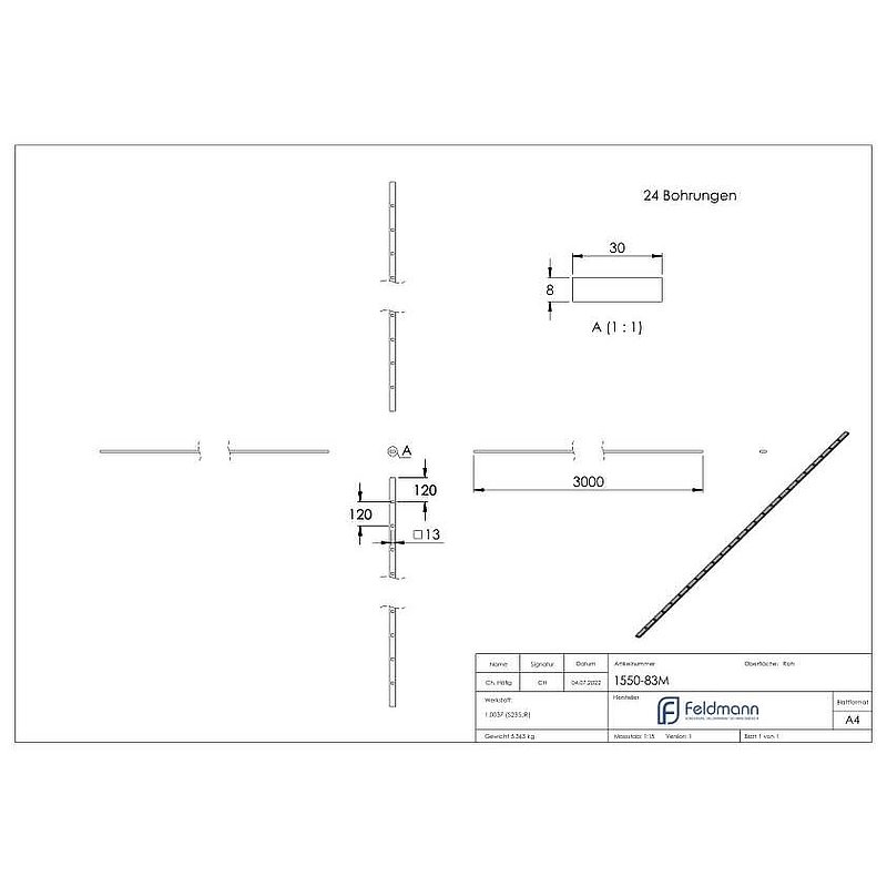 Lochleiste 30x8mm, Lochabstand 120mm, 3000mm