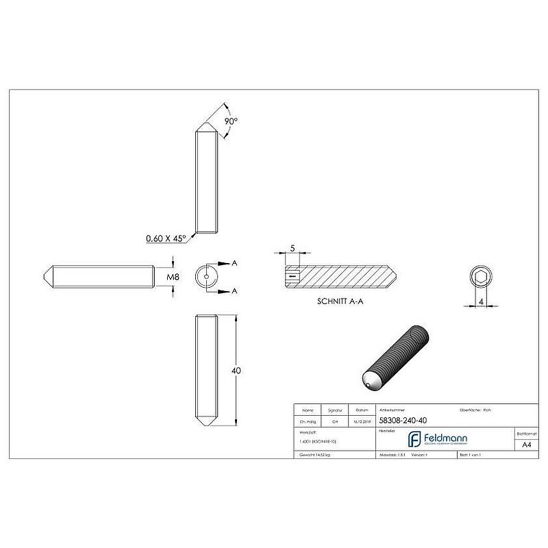 Gewindestift M8x40, V2A, DIN 914 / ISO 4027