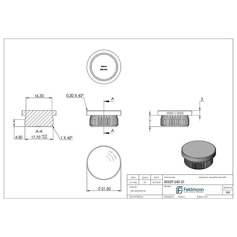 Bouchon pour extrémité de tube, pour tube 21,3x2,0mm, V2A