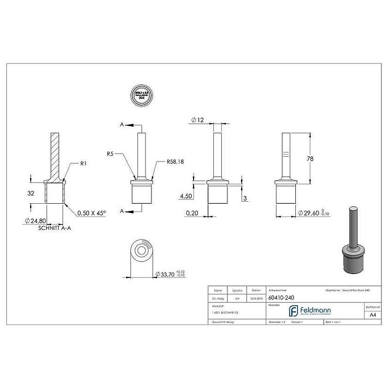 Rohrabschlussstopfen mit Stift für Rohr 33,7x2,0mm, V2A