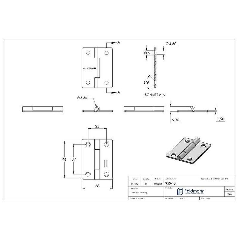 Charnière acier inoxydable 50x38mm avec tige fixe, V2A