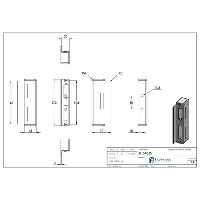 Gâche de serrure rectangulaire, acier inoxydable, avec entraxe 72mm, 30mm, V2A