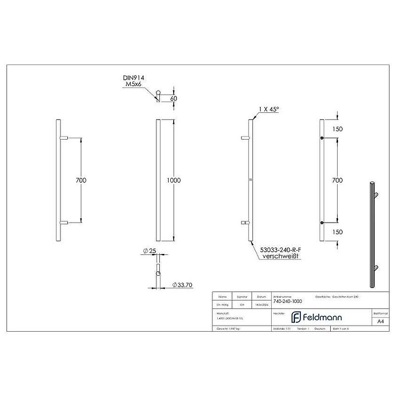 Stoßgriff inkl. Halter gerade mit L: 1000mm, V2A