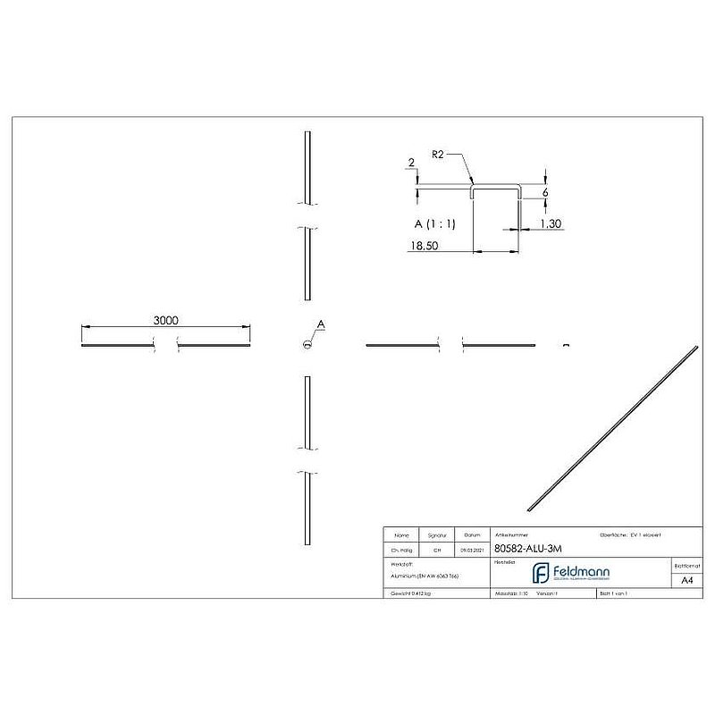 Main courante EXTRA SLIM, pour verre 16,00 - 17,52mm, L: 3000mm, aluminium E4/EV1