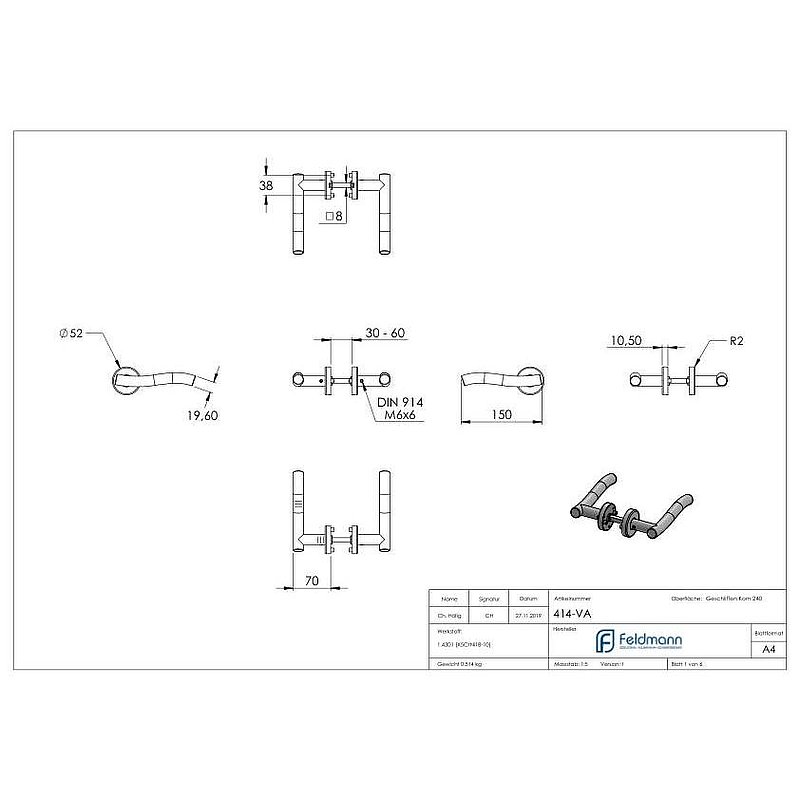 Pair of lever handles, rotatable, AISI304