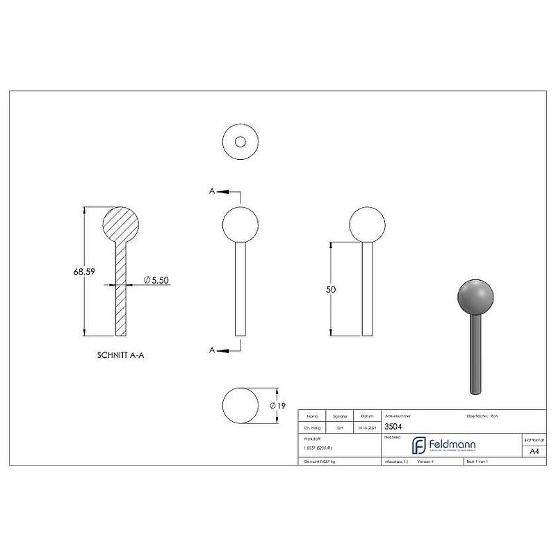 Kugelkopfbolzen, Kugel 19mm