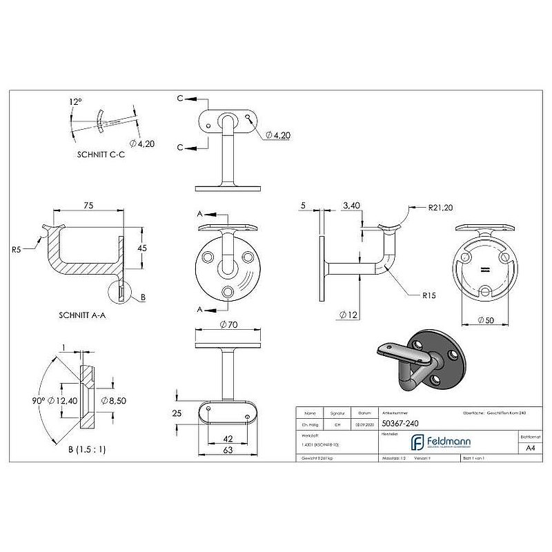 Support mural avec plaque de fixation pour main-courante de Ø 42,4mm, embase et étrier soudé, V2A