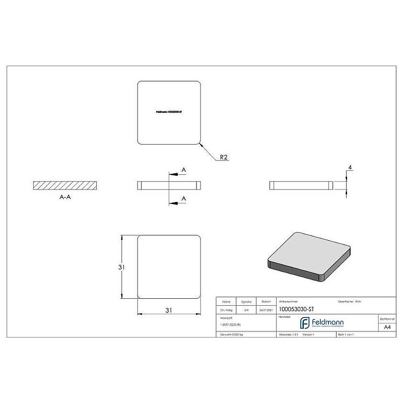 Flachkappe für QR 30x30mm, Stahl roh