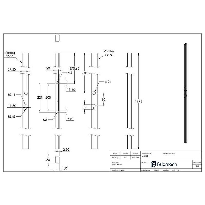 Schlossrohr 50x30 glatt, L:2000mm