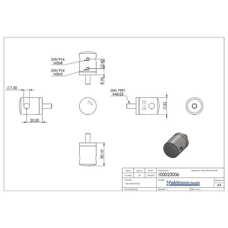 Cable holder, for 6mm rope, connection: straight, AISI304