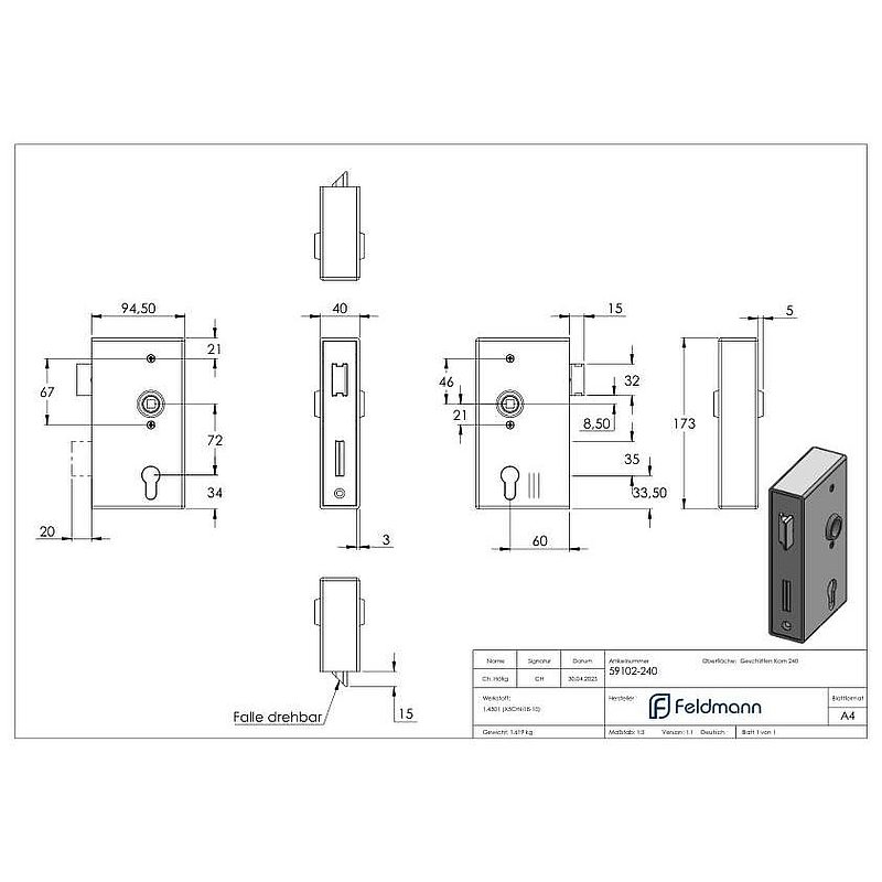 Edelstahlschlosskasten mit verzinktem Schloss, Abmessung: 40x94,5x173mm