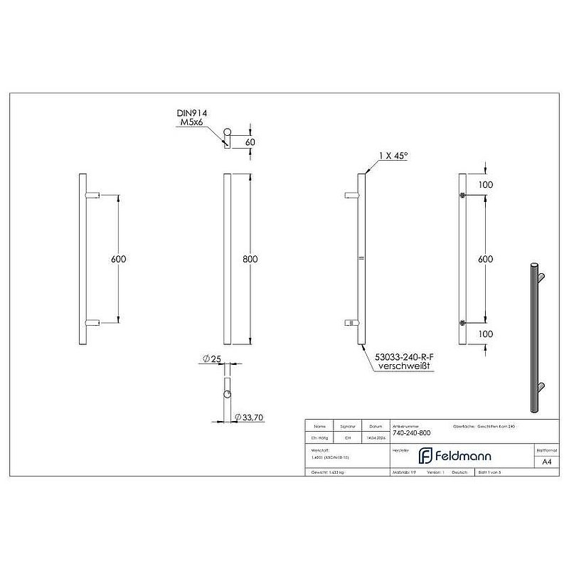 Stoßgriff inkl. Halter gerade mit L: 800mm, V2A