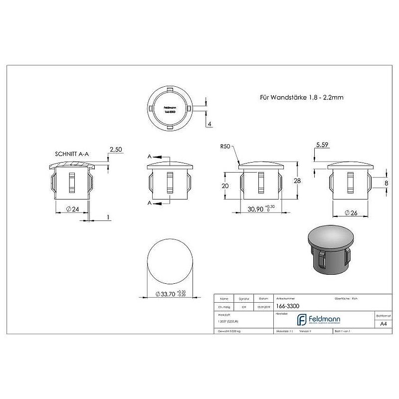 Bouchon en acier, pour tube 33,7mm