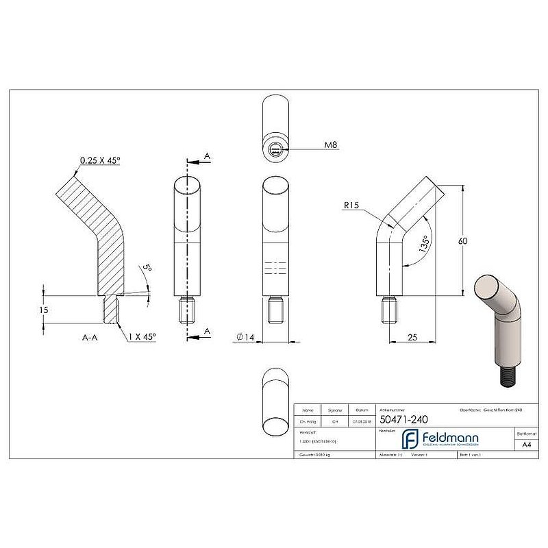 Stift Ø 14mm, L: 60mm, 135° gebogen, V2A