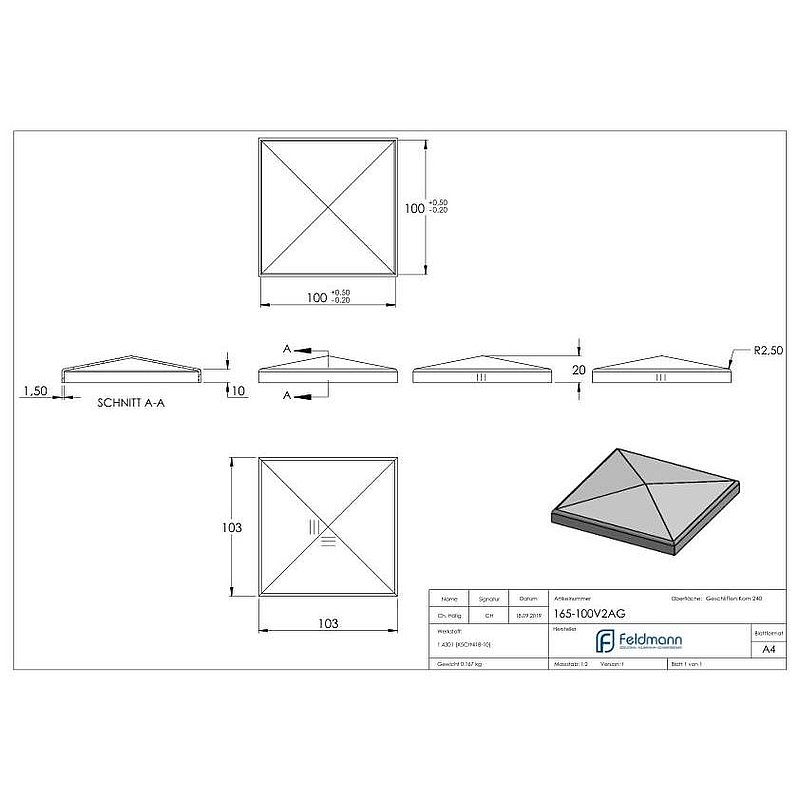 Pyramid cap, for tube 100x100mm, AISI304