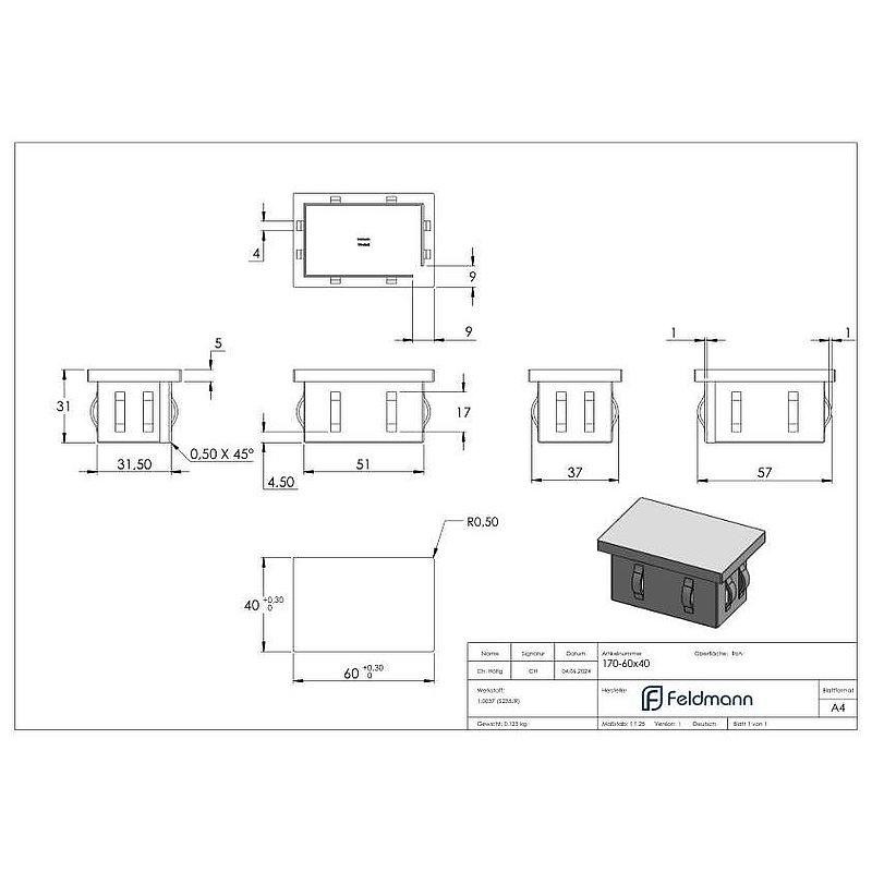 Steel end cap, for, rectangular tube 60x40mm