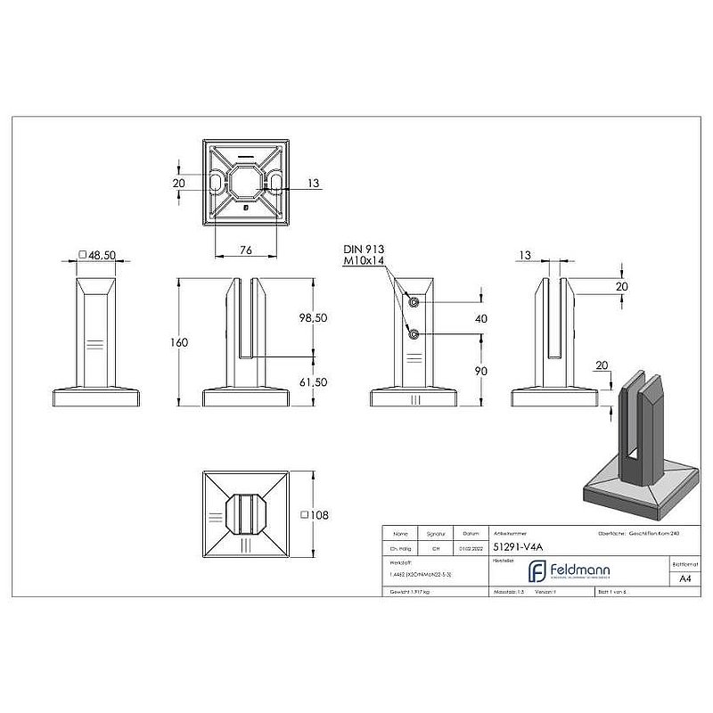 Bodenglashalter eckig, für Glas 12 - 12,76mm, V4A