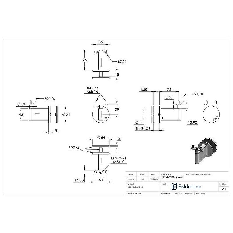 Sensa Design 2, for tube 42.4mm, for mounting on glass, AISI304