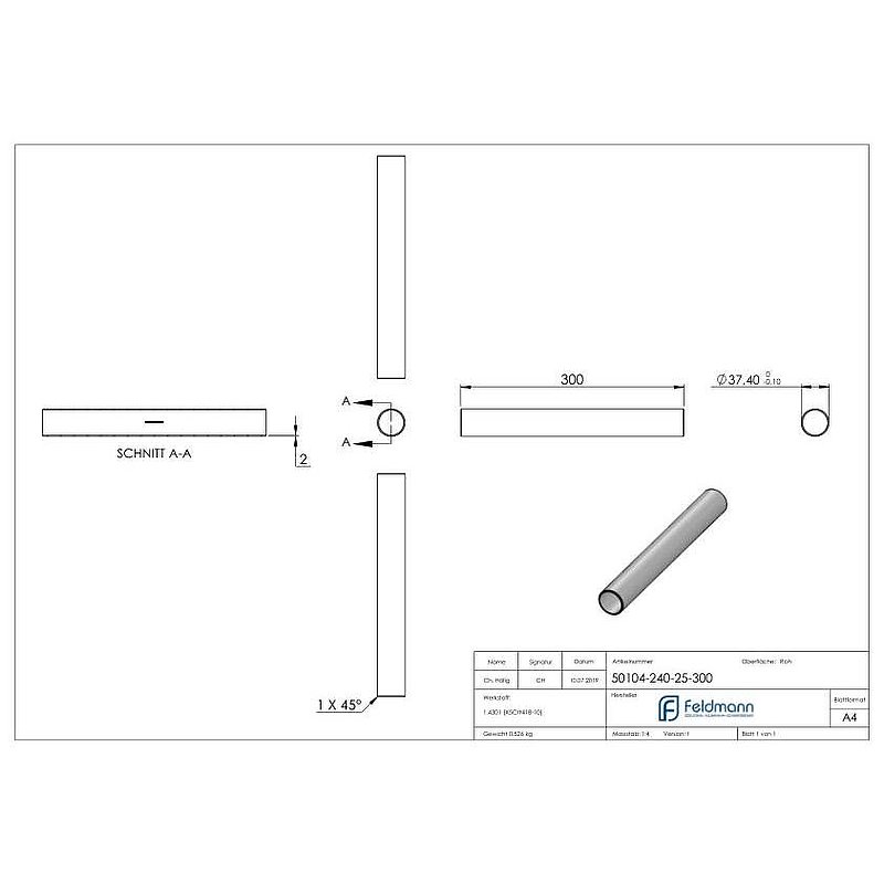 Connecting piece for tube 42.4x2.5mm, AISI304