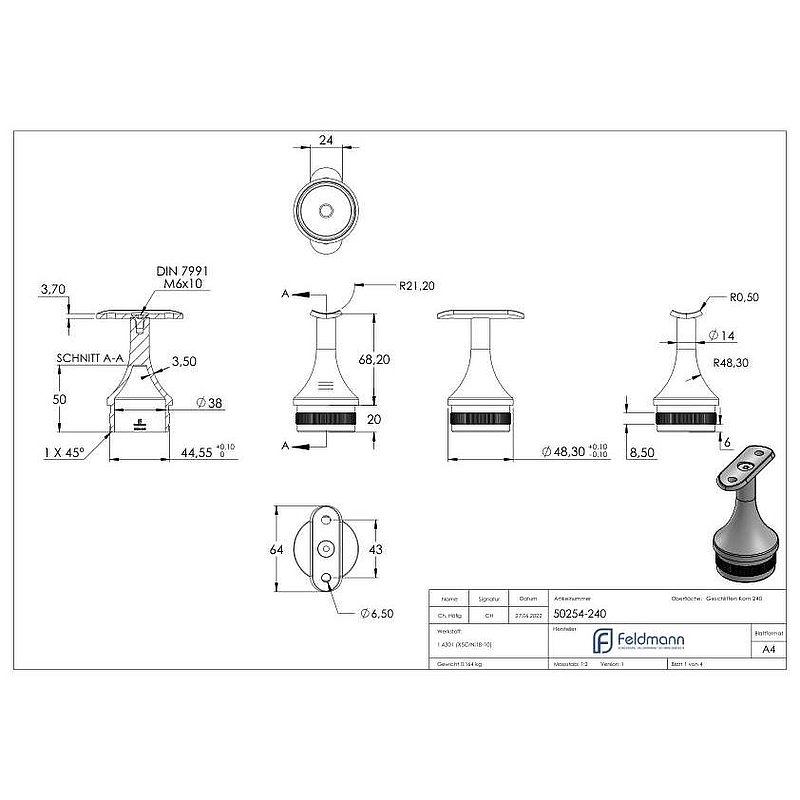 Rohrabschlussstopfen für Rohr 48,3x2,0mm, Handlaufanschlussplatte: 42,4mm, V2A