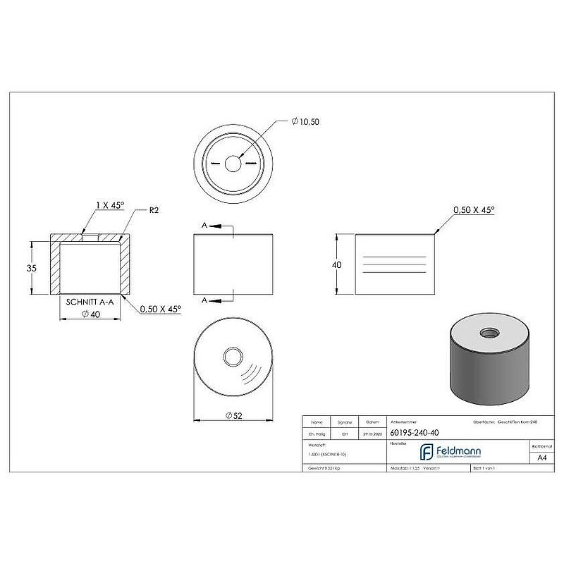 Entretoise Ø 52 mm, avec trou de passage, ép.: 40mm, V2A