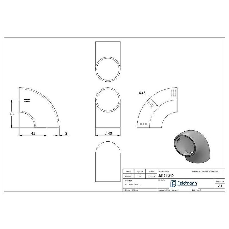 Schweißbogen 90°, 40,0x2,0mm, V2A