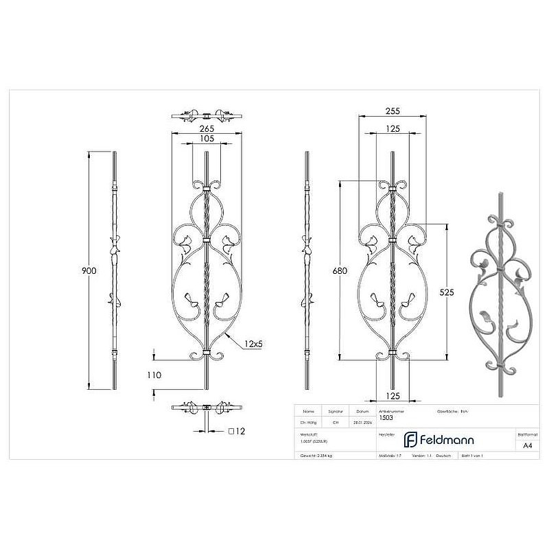 Barre d'ornement 12x12mm, rainurée, style baroque, H : 900mm