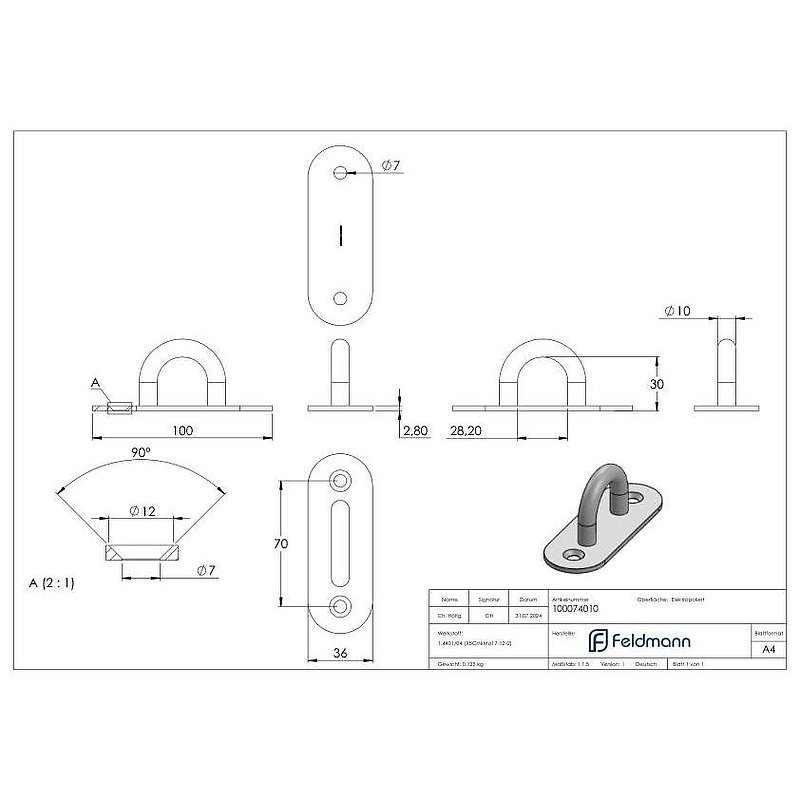 Oeillet de fixation avec plaque ovale V4A