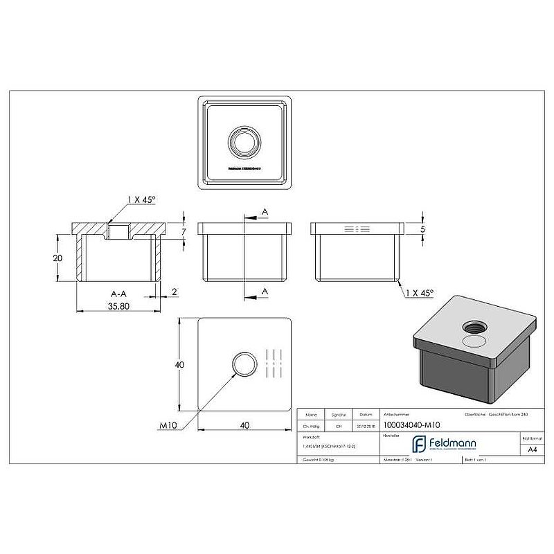 Einsteckkappe, für Rohr 40x40x2,0mm, V4A
