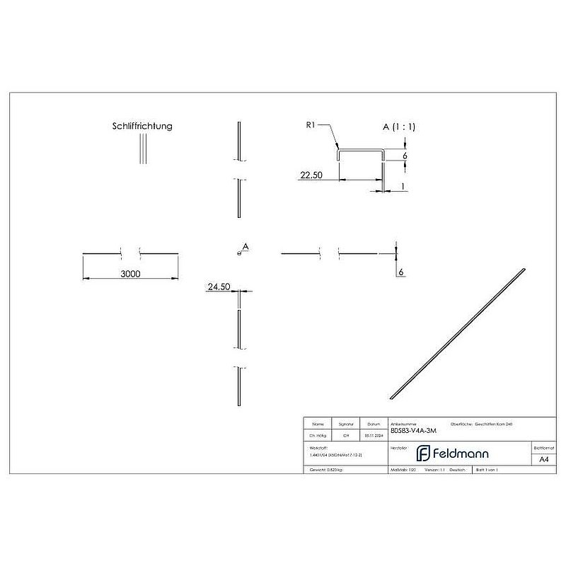Edge protection EXTRA SLIM, for glass 20.00 - 21.52mm, L: 3000mm, stainless steel AISI316