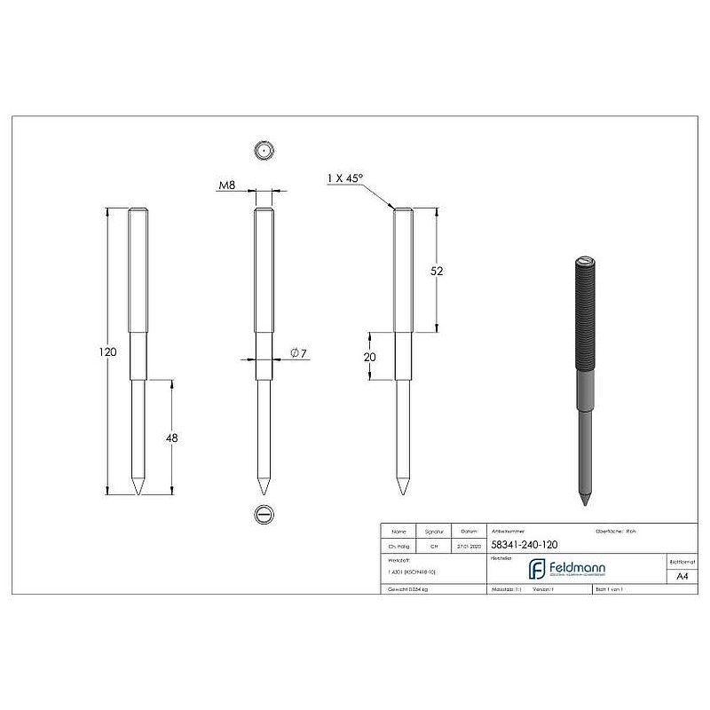 Stockschraube M8x120mm, V2A
