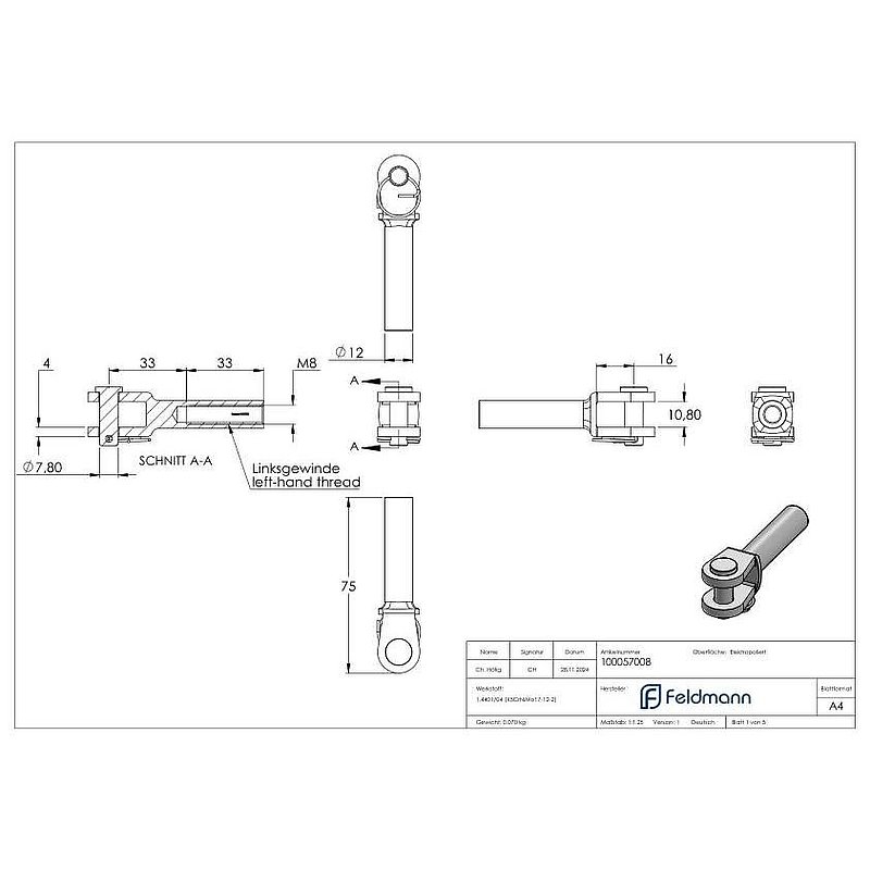 Fork terminal with internal thread M8 left, AISI316