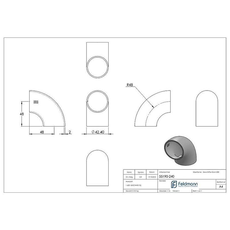 Schweißbogen 90°, 42,4x2,0mm, V2A