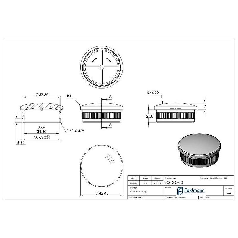 Rohrabschlussstopfen, für Rohr 42,4x2,0mm, V2A