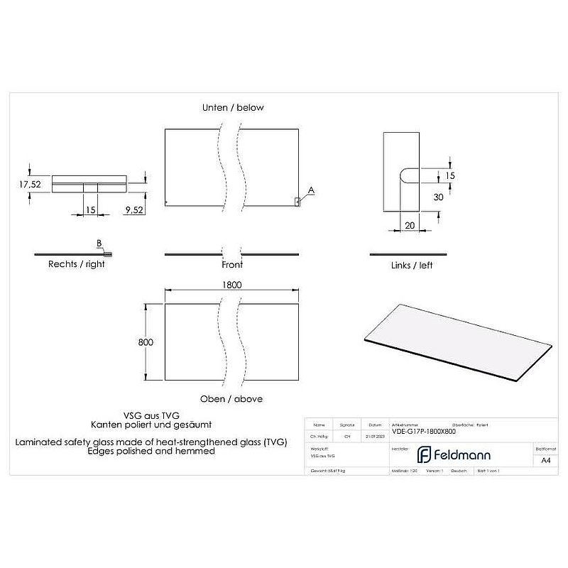 Eleganza canopy Glas: 1800x800mm VSG aus 2x8mm TVG mit 1,52mm PVB