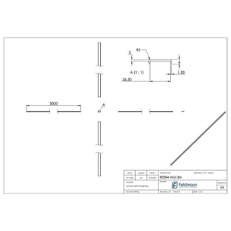 Edge protection EXTRA SLIM, for glass 24.00 - 25.52mm, L: 3000mm, aluminium E4/EV1