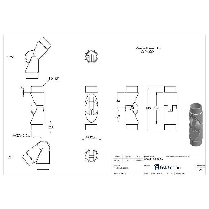 Gelenkstück, für Rohr 42,4 x 2,5mm, V2A