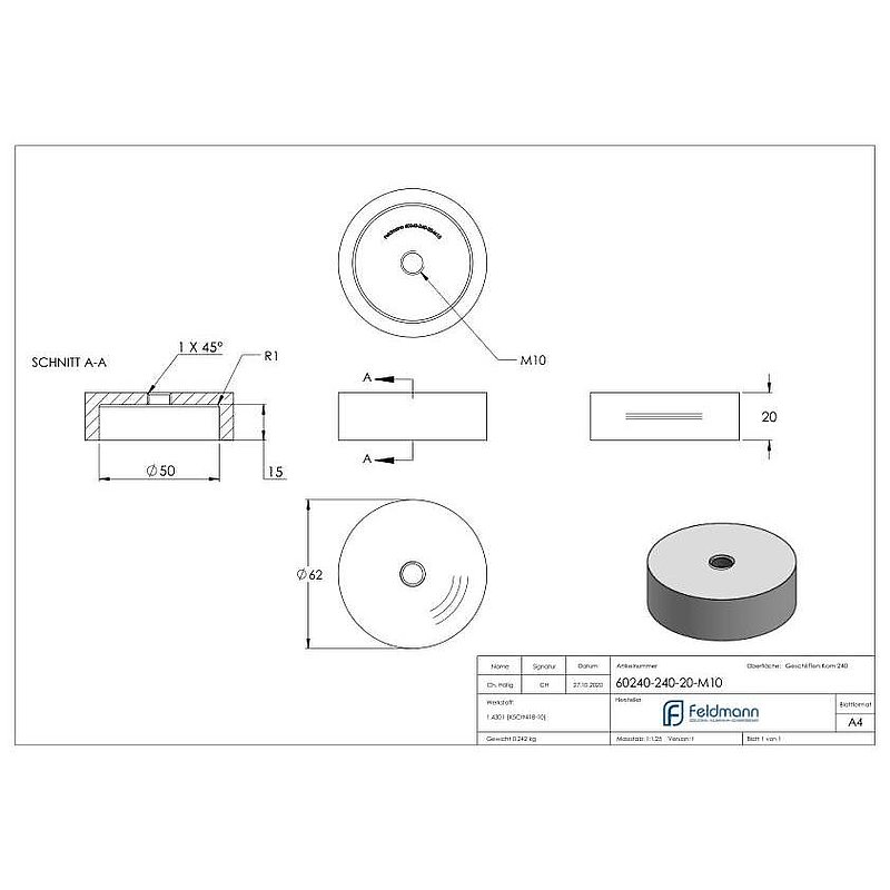 Unterteil für 62mm Glaspunkthalter, T: 20mm, mit M10, V2A